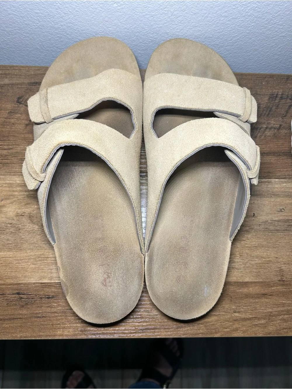 Suede Double-Strap Slide Sandals in Beige